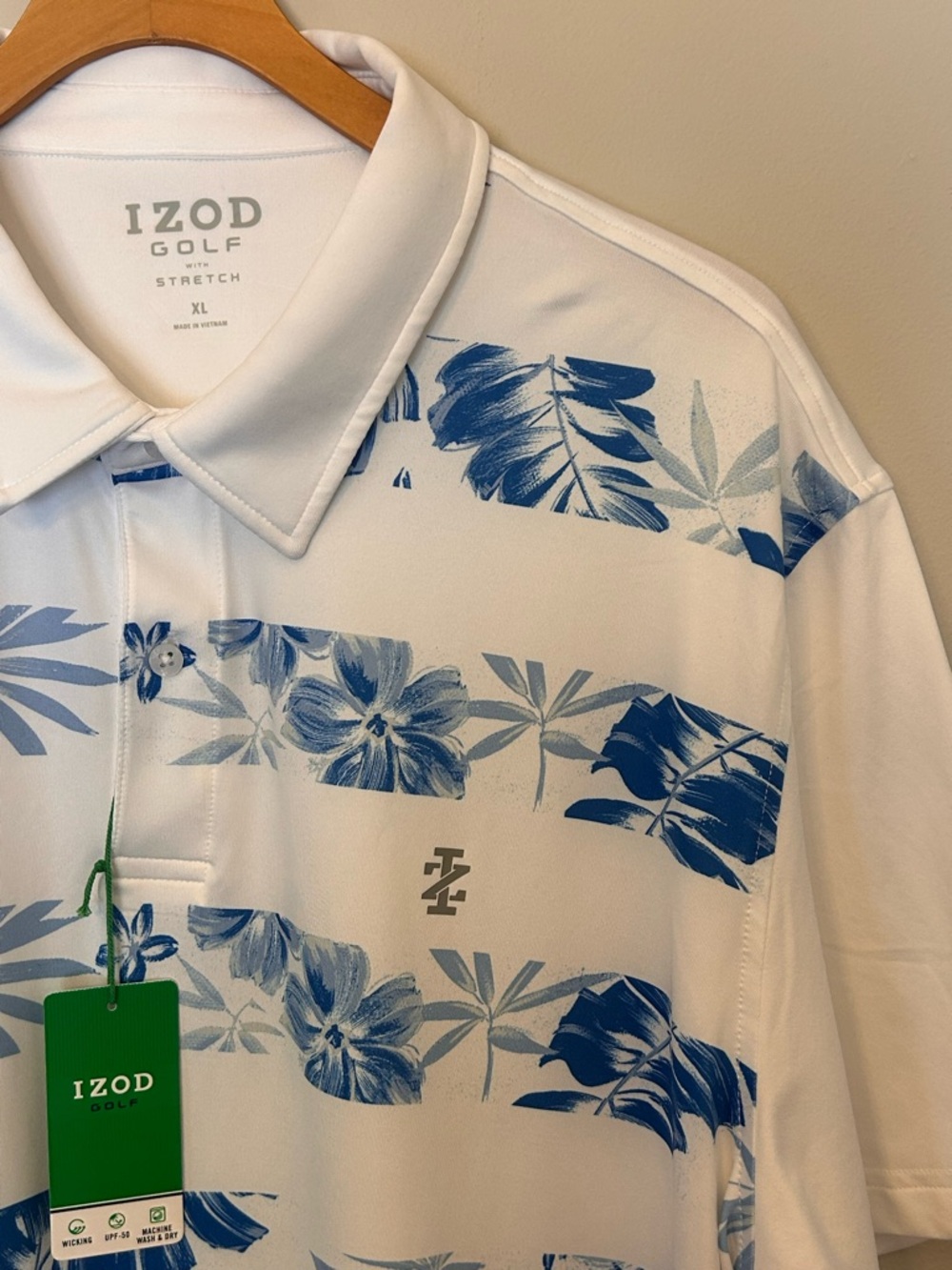 Izod White Polo with Blue Tropical Floral Print